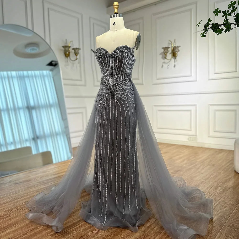Abendkleid im arabischen Meerjungfrauenstil mit rosa Perlen und Überrock, besetzt mit rosa Perlen, LA72811B