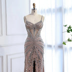 Luxuriöses, nudefarbenes Meerjungfrauen-Abendkleid mit Korsett und Perlenbesatz LA72803A