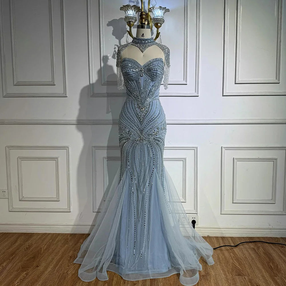 Luxuriöses, nudefarbenes, perlenbesetztes Meerjungfrauen-Abendkleid mit hohem Kragen, LA72897 