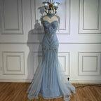 Luxuriöses, nudefarbenes, perlenbesetztes Meerjungfrauen-Abendkleid mit hohem Kragen, LA72897 