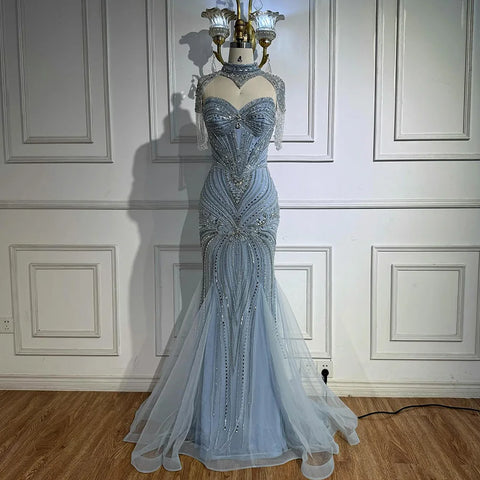 Luxury Nude Beaded High Neck Mermaid Evening Dress LA72897