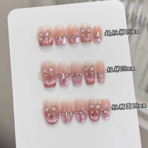 10 Stück Fantasy RRose Pink French Style Press On Nails Schimmernder Diamant Schmetterling Süßer handgemachter falscher Nagel Koreanische tragbare Nägel 
