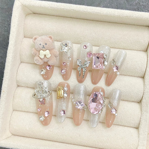 10 uñas postizas hechas a mano con purpurina, diamantes, mariposas, oso, decoración, estilo francés, parches para uñas postizas. 