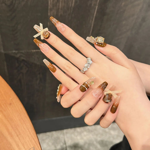10 Stück Farbverlauf Braun Herbst Press On Nails Glänzende Strass Schleifenkette Handgemachte Falsche Nägel Mittellange Ballett Maniküre Kunst 