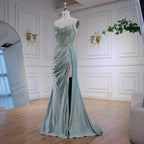Luxuriöses mintgrünes Satin-Abendkleid mit Perlenbesatz und Schlitz LA72995