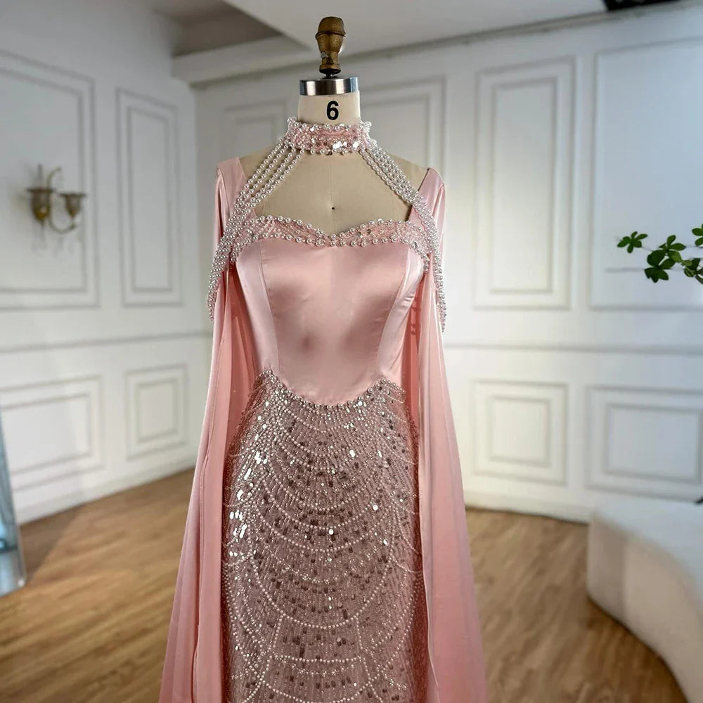 Luxuriöses rosa Abendkleid mit arabischen Perlen und Cape LA73051