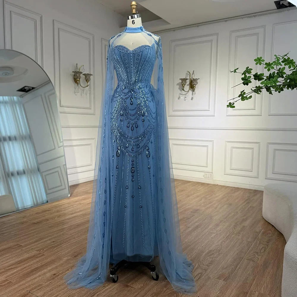 Luxuriöses blaues Pailletten-Abendkleid mit Cape-Ärmeln LA73108