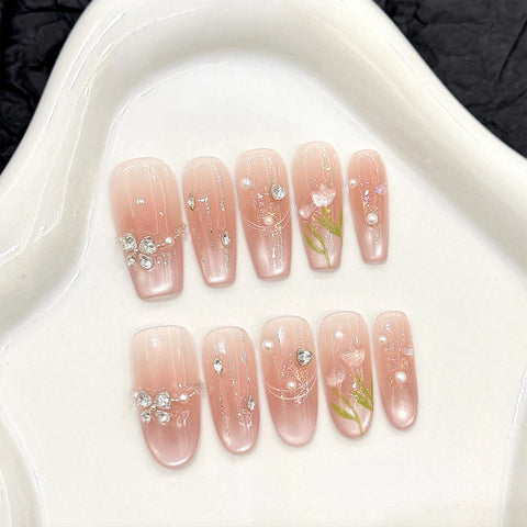 10 Stück Rouge-Katzenaugen-Maniküre, handbemalte Tulpenblume, glänzender Strass, zum Aufdrücken der Nägel, süßes Rosa, Frühlings-/Sommer-Kunstnägel 