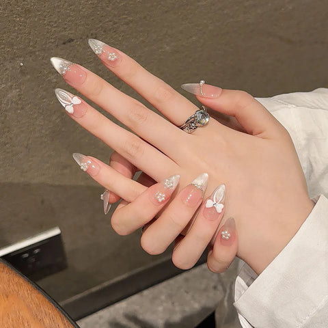 10 uñas postizas hechas a mano, color nude, rosa ruborizado, brillantes, estilo ojo de gato, con diseños de lazo, uñas postizas francesas, reutilizables. 