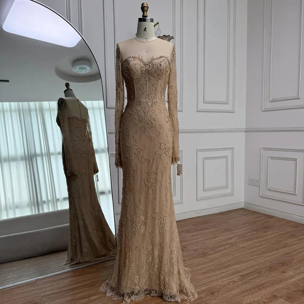 Vestido de noche de sirena con encaje árabe y cuentas, de lujo, con mangas LA72545 