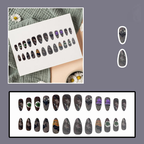 24 uñas postizas artificiales mate con diseño de murciélago, araña, calabaza y globo ocular para Halloween, uñas postizas almendradas usables. 
