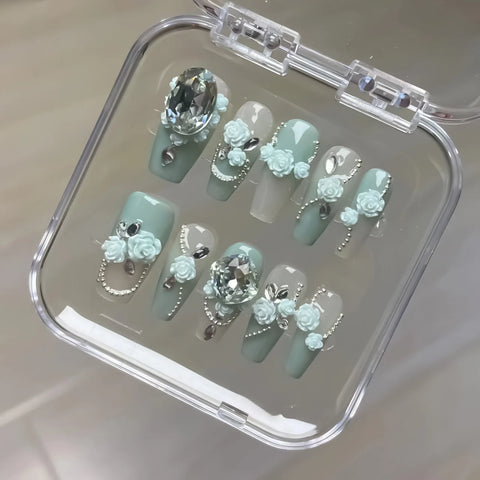 10 piezas de uñas postizas con diseño de flores 3D, hechas a mano, con degradado, de longitud media, cuadradas, fáciles de usar. 