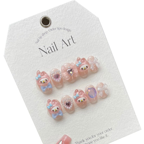10 Stück handgemachte Press-On-Nägel, hellrosa, süßes Cartoon-Dekor, falsche Nagelflecken, 3D-Bögen, Perlendesign, koreanische gefälschte Nagelspitzen 