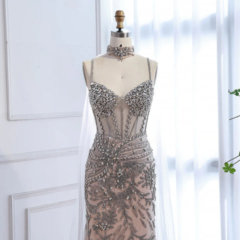 Luxury Evening Dress Grey Beaded With Cape Prom Gown LA73342