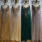 Dubai Luxus-Abendkleid mit hautfarbenen Cape-Ärmeln und Perlenbesatz LA72575A