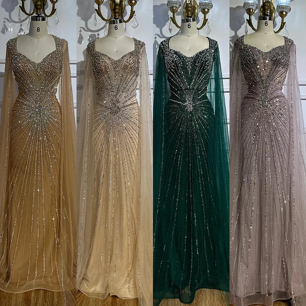 Dubai Luxus-Abendkleid mit hautfarbenen Cape-Ärmeln und Perlenbesatz LA72575A