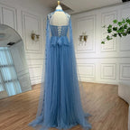 Luxuriöses blaues Pailletten-Abendkleid mit Cape-Ärmeln LA73108