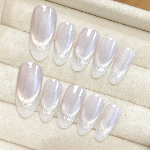10pcs Handmade Almond Press On Nails Flash Cat's Eye False Nail Patches White French Style Detachable Fake Nail Tips For Women
