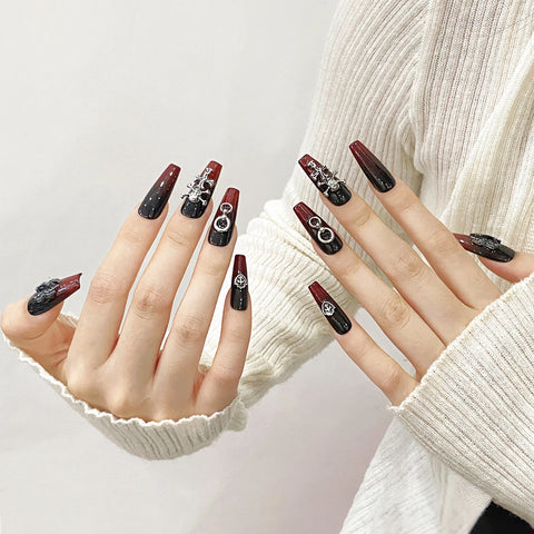 10pcs Handmade Press On Nail Gradient Black Red Retro False Nail Tips Medium Coffin Heavy Metal Punk Style Fake Nail For Girls