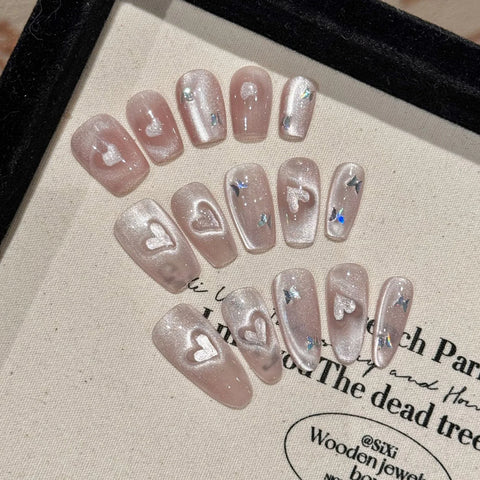 10 uñas postizas hechas a mano con purpurina rosa, corazón de amor, ojo de gato, cobertura completa, uñas postizas de moda para mujeres y niñas. 