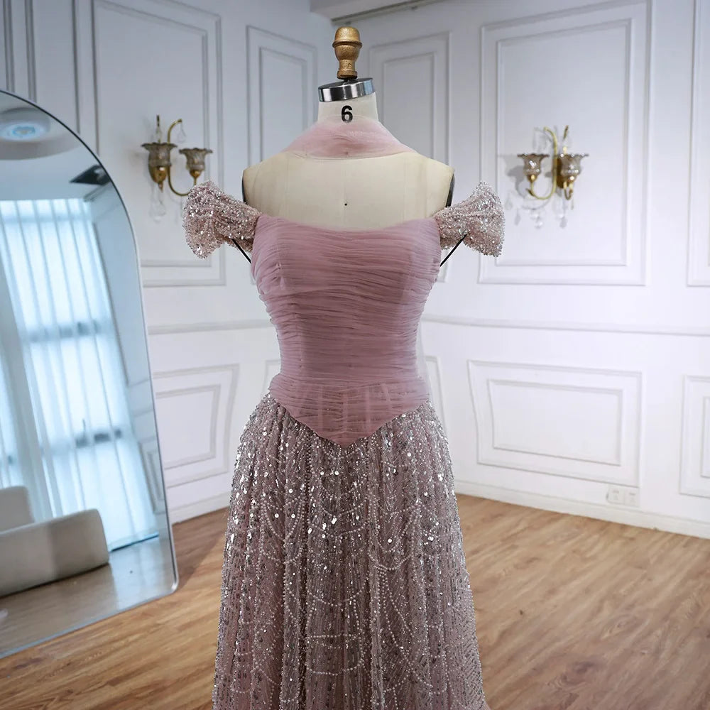 Vestido de noche árabe de lujo con cuentas de perlas rosas y capa LA72922