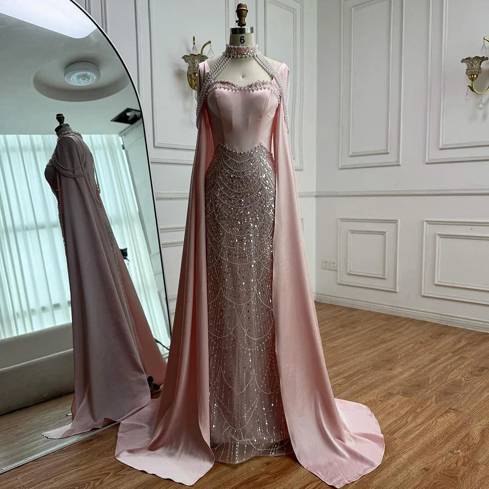 Luxuriöses rosa Abendkleid mit arabischen Perlen und Cape LA73051