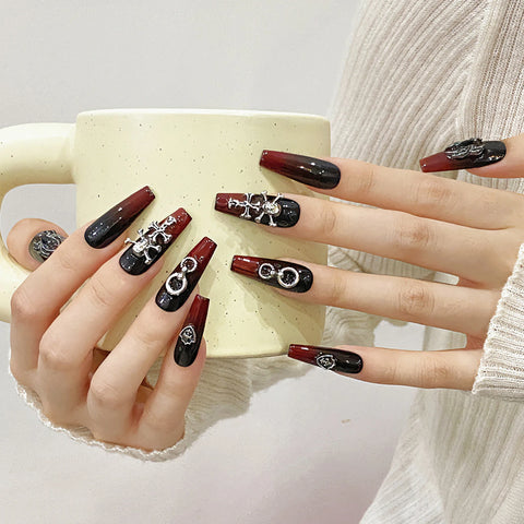 10pcs Handmade Press On Nail Gradient Black Red Retro False Nail Tips Medium Coffin Heavy Metal Punk Style Fake Nail For Girls