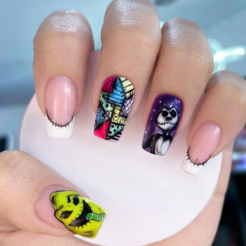 24 uñas postizas para Halloween, festival, terror, lengua verde, monstruo, calavera, uñas postizas cuadradas cortas para niña. 