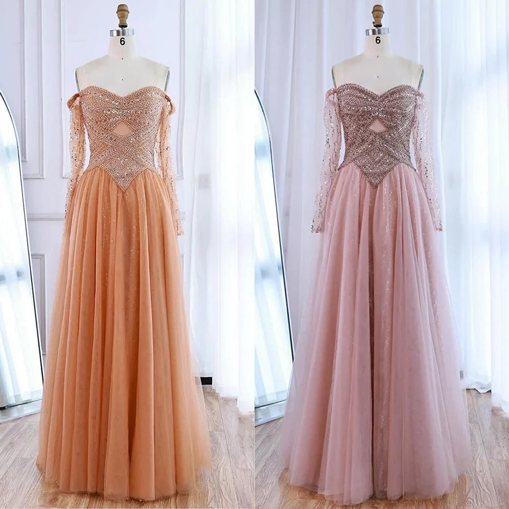Vestido de noche de lujo color piel, corte A, hombros descubiertos y cuentas LA73038 