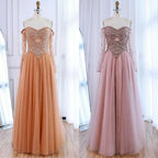 Vestido de noche de lujo color piel, corte A, hombros descubiertos y cuentas LA73038 
