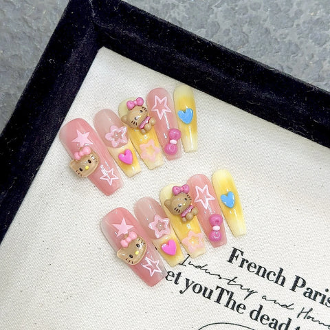 10 uñas postizas hechas a mano, estilo francés, rosas y amarillas, largas, estilo ataúd, 3D, con lazos de gato, decoración de uñas postizas, manicura artística. 