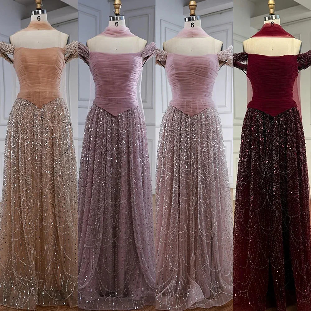 Vestido de noche árabe de lujo con cuentas de perlas rosas y capa LA72922