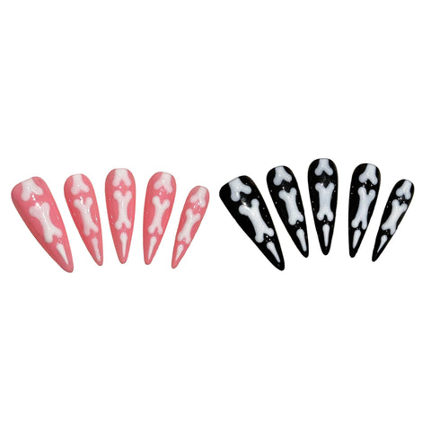 10 Stück Halloween-Thema Drücken Sie auf die Nägel Farbverlauf Katzenkrallenknochen Handgemachte künstliche Nägel Rosa und Schwarz Lange Stiletto Falsche Nagelflecken 