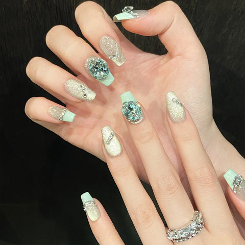 10pcs Summer Little Fresh Handmade Press On Nails Mint Green Cat's Eye Glossy Diamond Decor Fake Nails Simple French False Nail