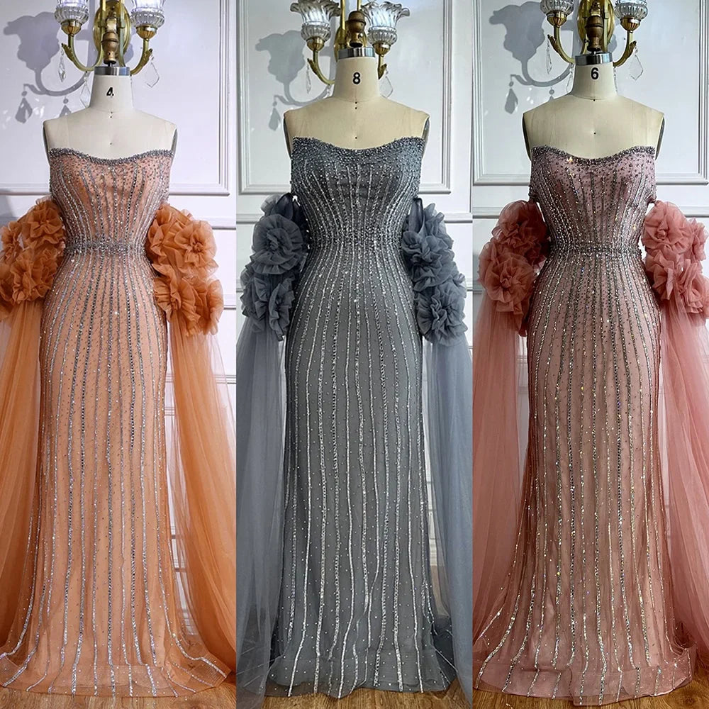 Luxuriöses rosafarbenes, perlenbesetztes Meerjungfrauen-Abendkleid im arabischen Stil mit Cape LA73019