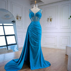 Blaues Ballkleid mit seitlichem Überrock und Spaghettiträgern LA73011