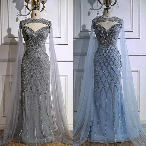 Luxury Nude Beaded Mermaid Evening Dress with Cape LA72814