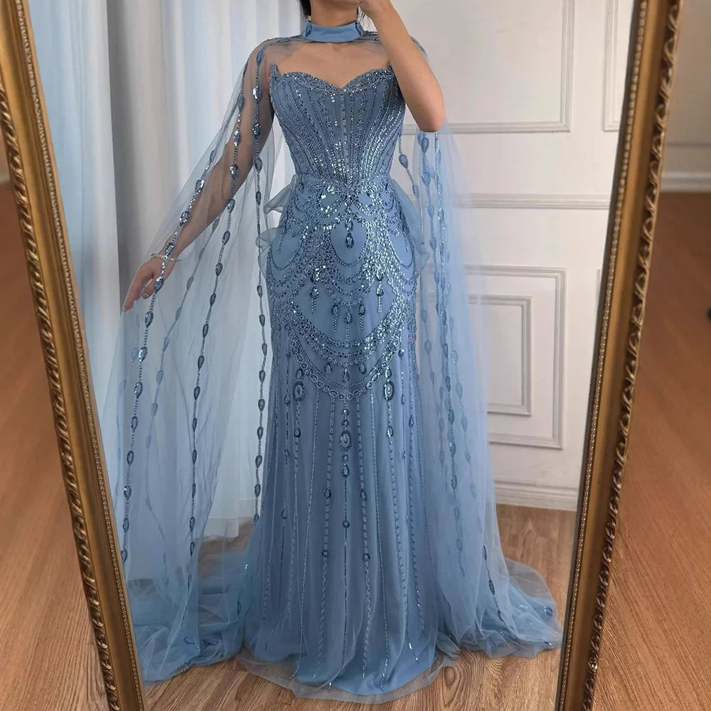 Luxuriöses blaues Pailletten-Abendkleid mit Cape-Ärmeln LA73108