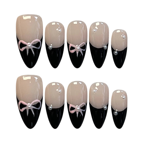 10 uñas postizas francesas negras con lazo, hechas a mano, brillantes, cortas, almendradas, para usar en salón de belleza. 