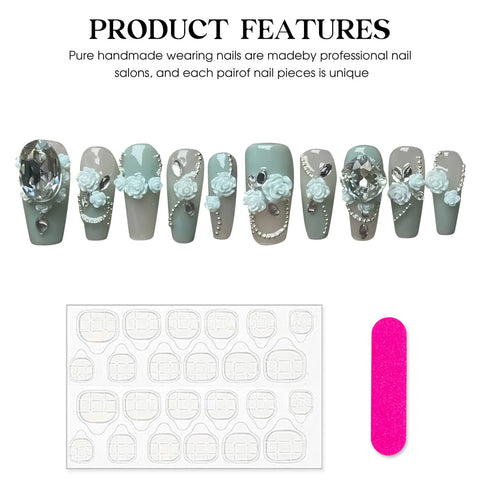 10 piezas de uñas postizas con diseño de flores 3D, hechas a mano, con degradado, de longitud media, cuadradas, fáciles de usar. 
