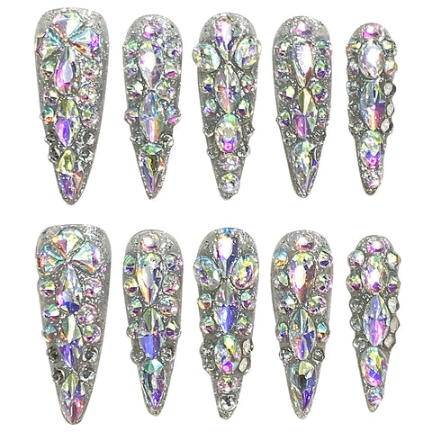 10pcs Full Shiny Diamond Handmade False Nails Light Luxury Long Pointed Press On Nails Full Cover Y2k Fake Nail New Year Gifts