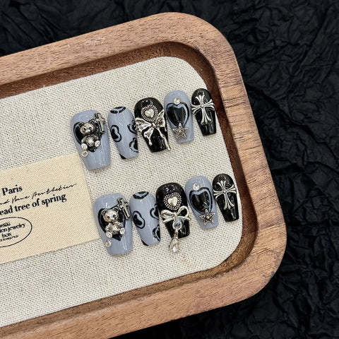 10pcs Handmade Press On Nails Punk Style Metal Bear Bowknot Butterfly Decor False Nail Sweet Cool Short T Fake Nail For Hot Girl
