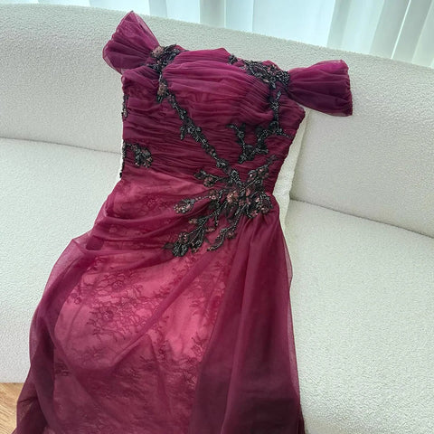 Elegant Wine Red Off Shoulder Lace Evening Dress with Appliques LA73010