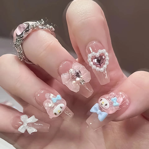 10 Stück handgemachte Press-On-Nägel, hellrosa, süßes Cartoon-Dekor, falsche Nagelflecken, 3D-Bögen, Perlendesign, koreanische gefälschte Nagelspitzen 