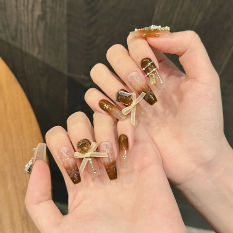 10 Stück Farbverlauf Braun Herbst Press On Nails Glänzende Strass Schleifenkette Handgemachte Falsche Nägel Mittellange Ballett Maniküre Kunst 