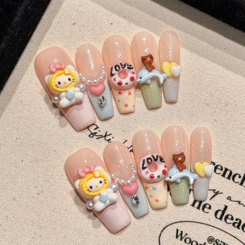 10 Stück süße Kapibala handgefertigte künstliche Nägel, erröten rosa, handbemalt, französischer Stil, zum Aufdrücken der Nägel, Schleifendekor, tragbarer falscher Nagel 
