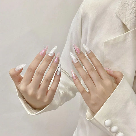 10 uñas postizas largas de almendra, hechas a mano, con diseño de ojo de gato, color rosa y blanco, con diseños de perlas, parches para uñas postizas fáciles de usar. 