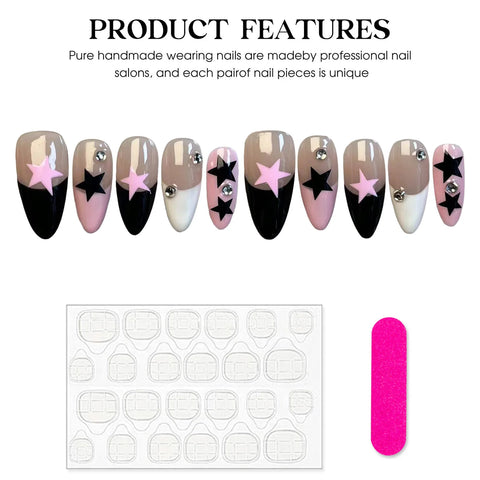 10 uñas postizas hechas a mano, estilo francés, en negro, blanco y rosa, con diseño de estrellas, almendra, para mujer. 