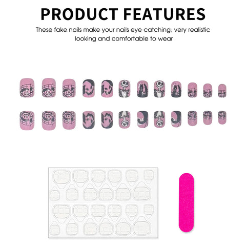 24 uñas postizas de Halloween con diseño de novia fantasma rosa, parches de dibujos animados, puntas cuadradas cortas. 
