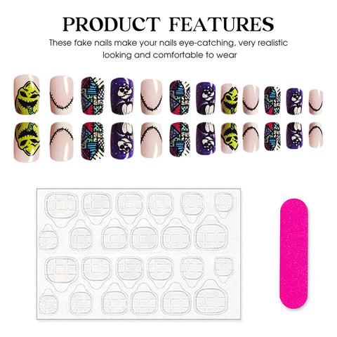 24 uñas postizas para Halloween, festival, terror, lengua verde, monstruo, calavera, uñas postizas cuadradas cortas para niña. 